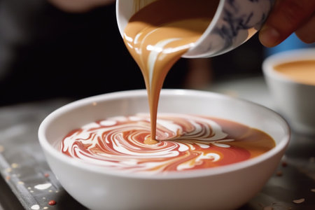 close-up of latte art being poured in a ceramic cup, created with generative aiの素材