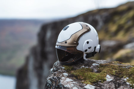 helmet with action camera on cliff edge, created with generative aiの素材