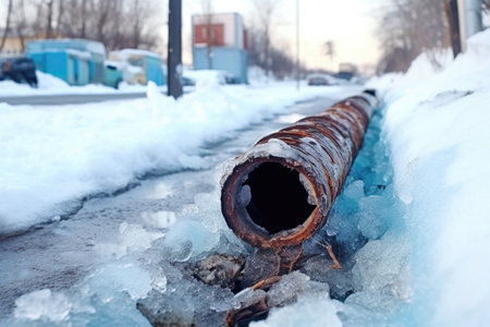 frozen and cracked pipe causing a leak in winter, created with generative aiの素材