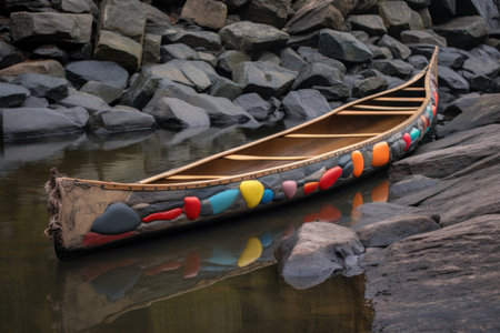 canoe with colorful paddles on a rocky shore, created with generative aiの素材