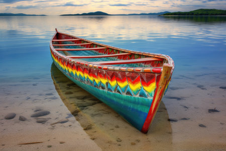 colorful canoe on a sandy beach with crystal clear water, created with generative aiの素材