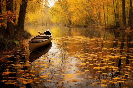 canoe surrounded by autumn foliage on a lakeshore, created with generative aiの素材