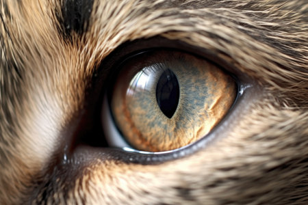 close-up of a cats eye, focused on a tiny mouse in the distance, created with generative aiの素材