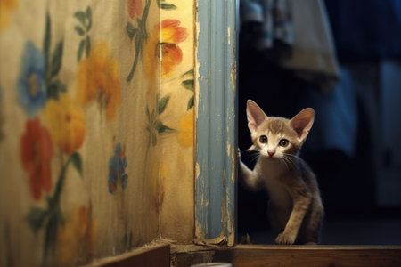 cat peeking around corner at tiny mouse, created with generative aiの素材