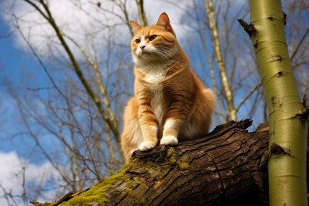 cat enjoying a high vantage point atop a tree, created with generative aiの素材
