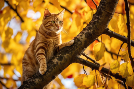 playful cat batting at leaves in tree, created with generative aiの素材