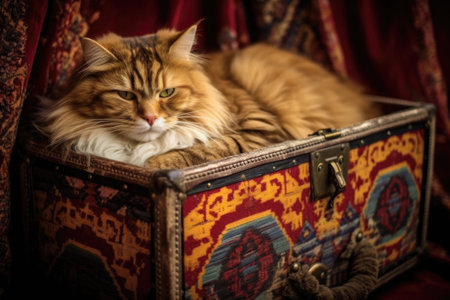 cat sleeping in a cozy, cushioned box, created with generative aiの素材