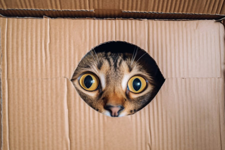 top view of a cats ears and eyes peeking from a cardboard box, created with generative aiの素材