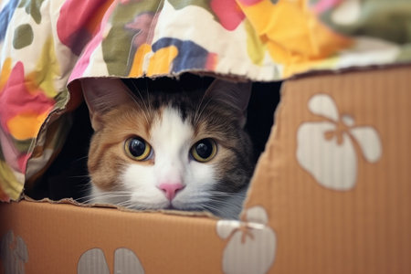 close-up of cat peeking out from a cardboard box, created with generative aiの素材
