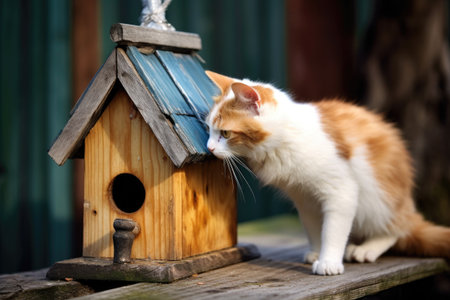 cat crouching near a birdhouse, ready to pounce, created with generative aiの素材