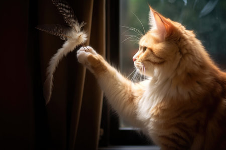 cat paw reaching for a birds tail feather, created with generative aiの素材