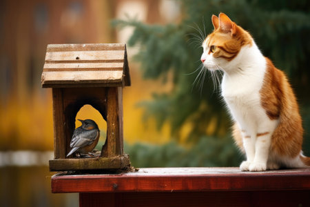 cat sneaking up on a bird by a bird feeder, created with generative aiの素材