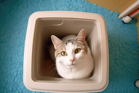 top view of a cat comfortably sitting in a litter box, created with generative aiの素材