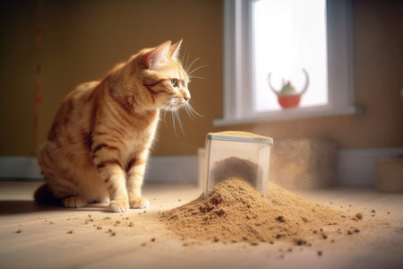 cat burying waste in litter box with focus on sand, created with generative aiの素材