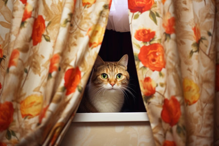 cat peeking out from behind a litter box curtain, created with generative aiの素材