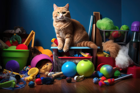 cat toys and grooming tools surrounding litter box, created with generative aiの素材