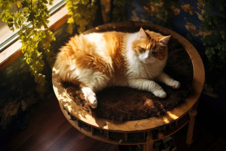 top view of a cat lying on a scratching post platform, created with generative aiの素材