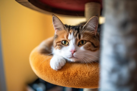 top view of a cat lying on a scratching post platform, created with generative aiの素材