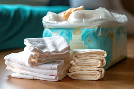 close-up of clean diapers and baby wipes, created with generative aiの素材