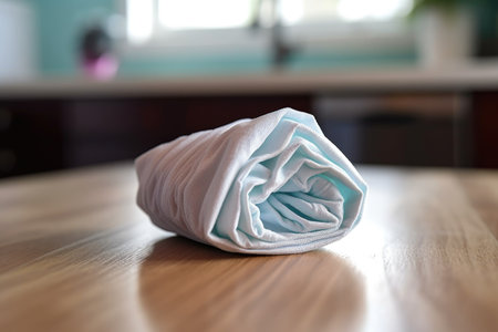 close-up of a clean, folded baby diaper on a table, created with generative aiの素材