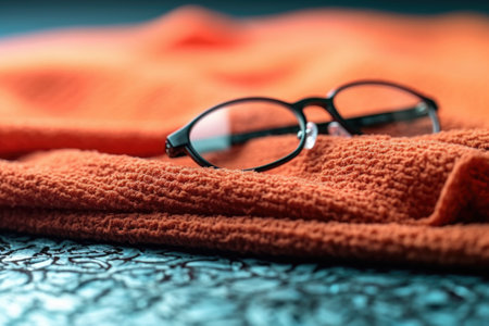 close-up of microfiber cloth wiping eyeglasses, created with generative aiの素材