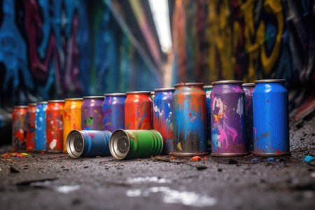 close-up of spray paint cans near graffiti wall, created with generative aiの素材