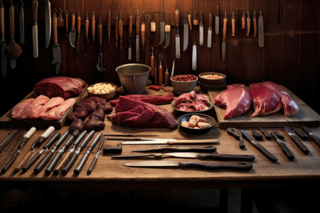 butchers tools arranged neatly on a table, created with generative aiの素材