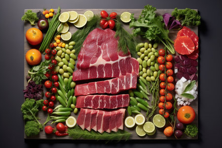 artistic arrangement of cuts of meat and garnish, created with generative aiの素材