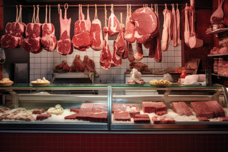 variety of raw meat cuts displayed in a butcher shop, created with generative aiの素材