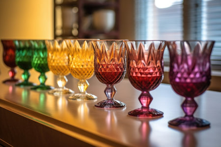 cocktail glasses arranged in a row, ready for serving, created with generative aiの素材