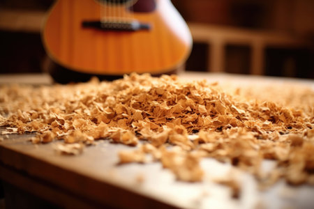 close-up of wood shavings on guitar workshop table, created with generative aiの素材