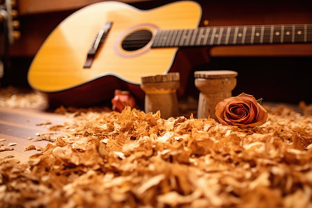 close-up of wood shavings on guitar workshop table, created with generative aiの素材