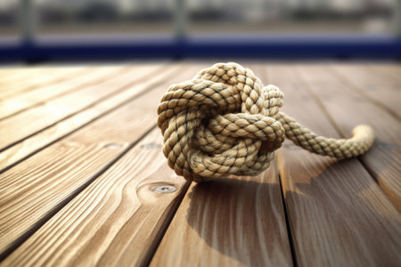 intricate sailing knot on a weathered rope against a wooden deck background, created with generative aiの素材