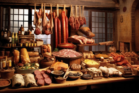 variety of meats, sausages, and cured products on display, created with generative aiの素材