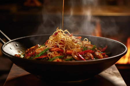 close-up of wok with flames licking the sides and smoke, created with generative aiの素材