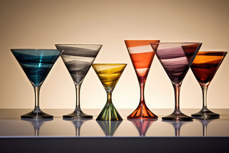 multiple cocktail glasses with different colors and shapes, created with generative aiの素材