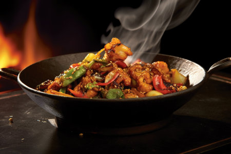 wok on fire with sizzling asian spices, created with generative aiの素材