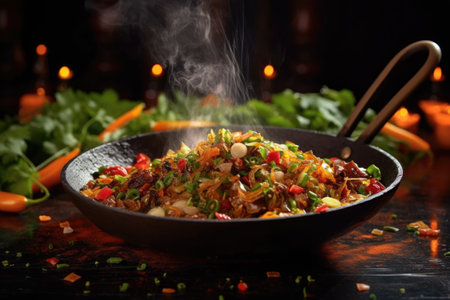 flaming wok with colorful spices and herbs, created with generative aiの素材