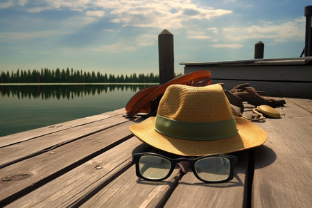 fishermans hat and sunglasses on a dock, created with generative aiの素材