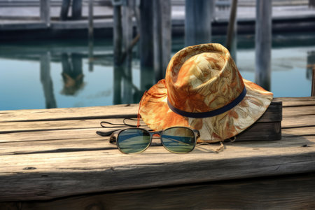fishermans hat and sunglasses on a dock, created with generative aiの素材