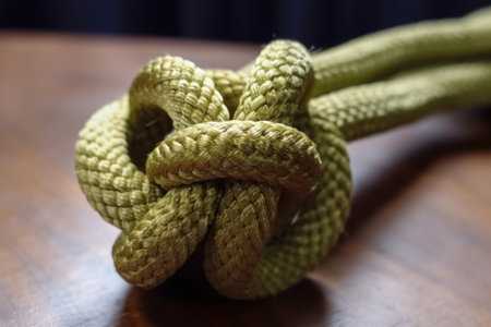 close-up of a sheet bend knot joining two ropes of different sizes, created with generative aiの素材