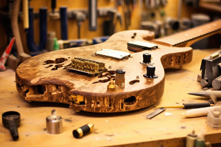 attaching the neck to the guitar body with bolts, created with generative aiの素材