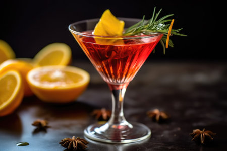 focused shot of a cocktail garnish: citrus twist or cherry, created with generative aiの素材