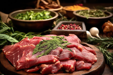 raw meat with herbs and spices, ready to cook, created with generative aiの素材