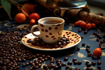 espresso cup and saucer with coffee beans scattered, created with generative aiの素材