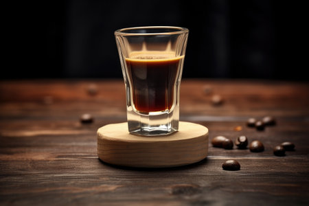 perfectly balanced espresso shot on wooden surface, created with generative aiの素材