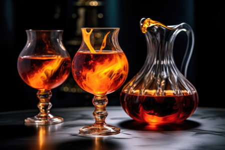 elegant glassware holding a fiery drink, created with generative aiの素材