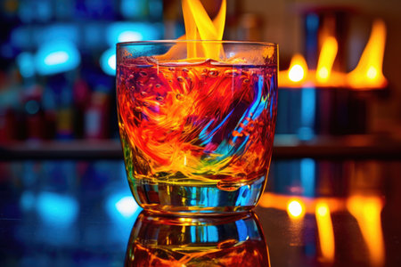 flaming cocktail with colorful reflections on glass surface, created with generative aiの素材