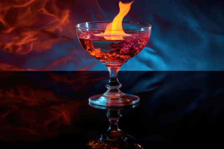 flaming cocktail reflection on a glossy surface, created with generative aiの素材