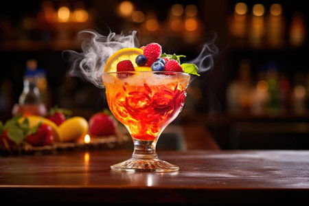 flaming cocktail with fruit garnish on bar counter, created with generative aiの素材